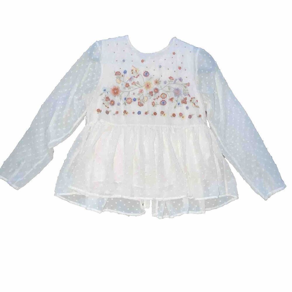 Skylar & Jade Blouse Womens S Cream Swiss Dots Embroidered Open Back BOHO *
